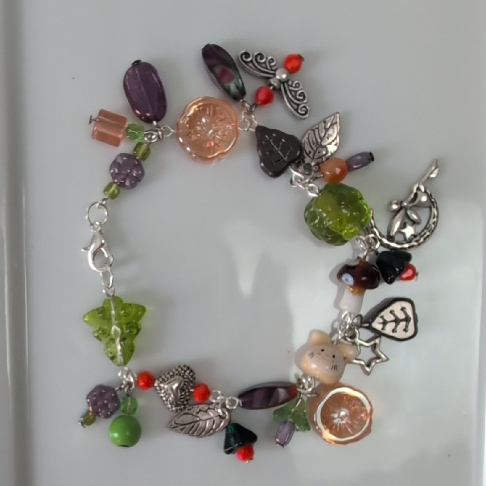 Handmade Forrest Theme  Glass & Ceramic Bead Charm Bracelet 7"